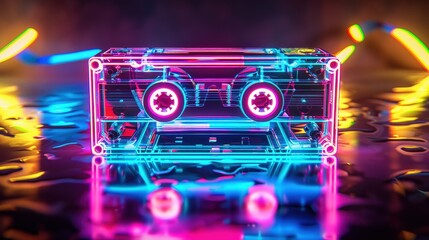 A vibrant neon cassette tape sits on a reflective surface, illuminated by colorful light trails. The modern ambiance and colorful glow evoke a nostalgic vibe, creating a captivating visual experience