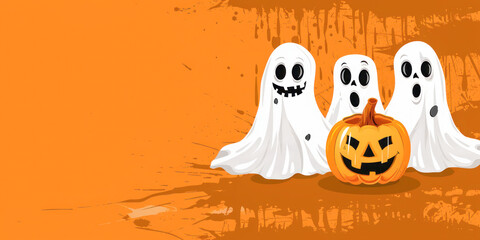 Three cartoon ghosts and a Jack-o'-lantern pumpkin on an orange Halloween-themed background with copy space.
