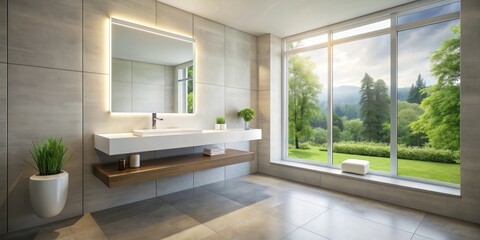 Fototapeta premium Sleek minimalistic bathroom features a wall-mounted sink, polished chrome fixtures, and pristine white surfaces, illuminated by soft natural light filtering through a large window.