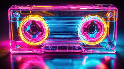 A bright, neon-colored cassette tape radiates against a dark backdrop, showcasing its intricate details and vibrant hues that evoke nostalgia for the music era
