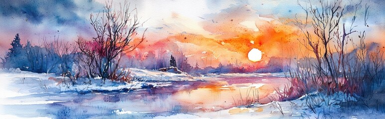 Watercolor illustration of a winter landscape at sunset