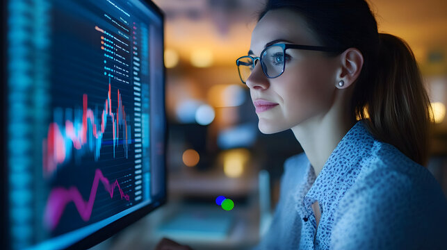 Financial analyst in modern office, intently studying glowing computer screen with positive earnings estimate graph, highlighting the significance of precise financial forecasting in a softly lit work