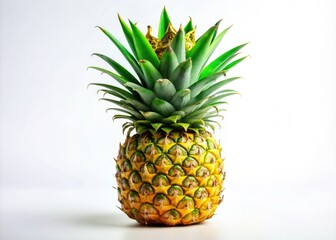 Fototapeta premium Fresh green pineapple with tough, waxy skin and a vibrant yellow crown, set against a crisp white background, perfect for culinary or tropical themes.