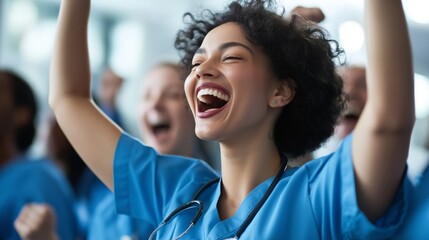 Celebrating success in healthcare at a hospital event with joyful medical staff expressing excitement and unity.
