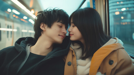 若いアジア人男女が目を瞑り顔を近づけている微笑ましい光景｜カップルのデート