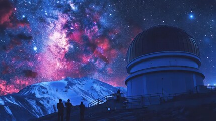 Obraz premium Technicians in a remote mountain observatory, adjusting and calibrating a giant telescope under a starry night sky