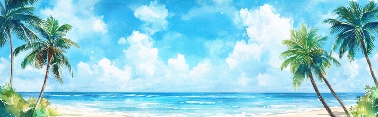 Watercolor illustration of festive scenes featuring palm trees and ocean views Raster