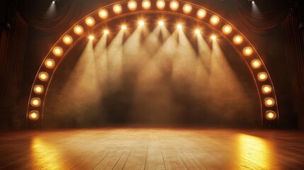 Stage lights forming an arch, soft warm tones, elegant and welcoming atmosphere, classic theater vibe