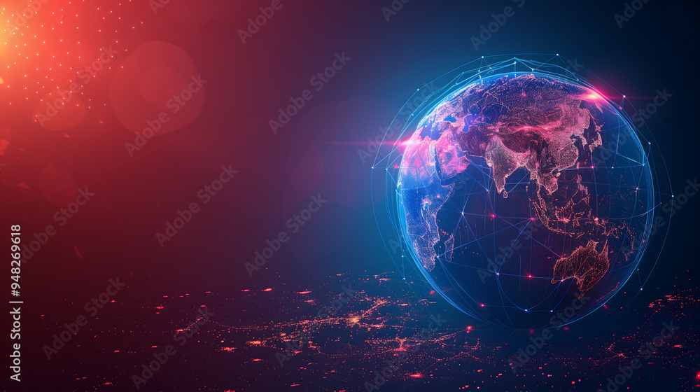Poster a glowing digital network visualization centered on earth, depicting global connections of modern te