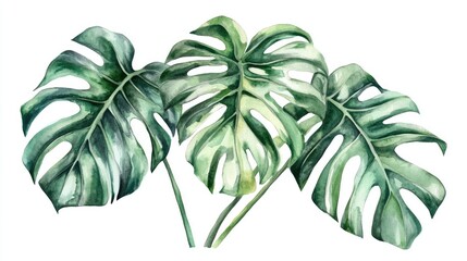 Watercolor illustration of Monstera obliqua vine isolated on a white background Liana plant featuring a jungle monkey mask for tropical rainforest themed designs