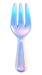 Fototapeta premium Iridescent 3d plastic fork with three prongs, showcasing a shimmering gradient of pastel colors. Isolated on transparent background, png.