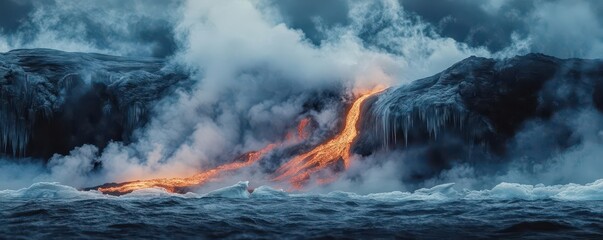 Hot Lava Flowing into an Icy Sea Lava from a volcano meets the cold waters of an icy sea, creating dramatic steam clouds