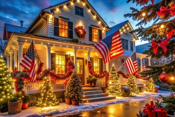 Obraz premium Vibrant patriotic decorations, twinkling lights, and festive atmosphere evoke a sense of joy and celebration in this classic American holiday background scene.