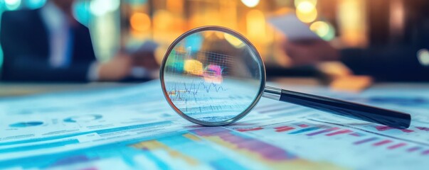 Credit Risk Assessment A magnifying glass over a bond, revealing a detailed credit score report, with analysts in the background discussing risk factors