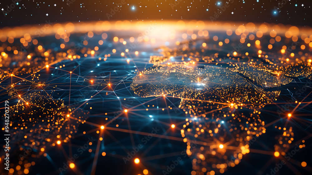 Poster a visualization of global network connections, featuring glowing orange nodes and lines over a dark 