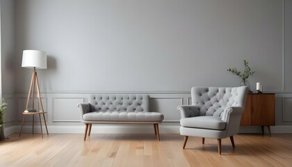 A gray tufted armchair in a minimalist living room with white walls and wooden floors.