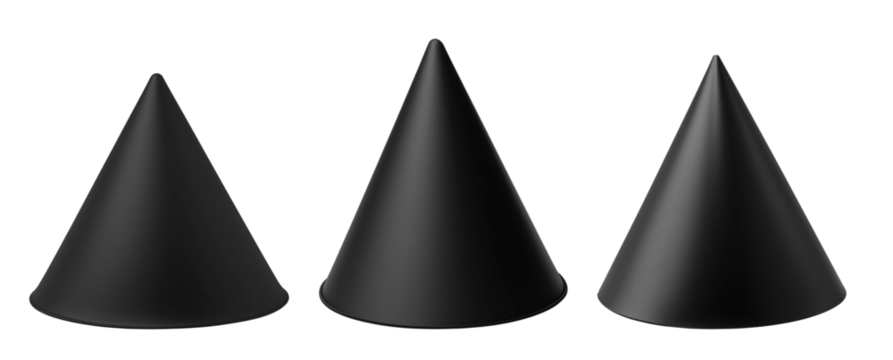 Three black cones arranged in a row, showcasing simple geometric shapes for design and art projects.
