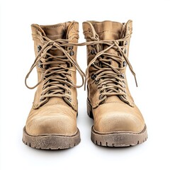 A pair of military boots with laces undone, soldier gear, soft tan tones, isolated on white background