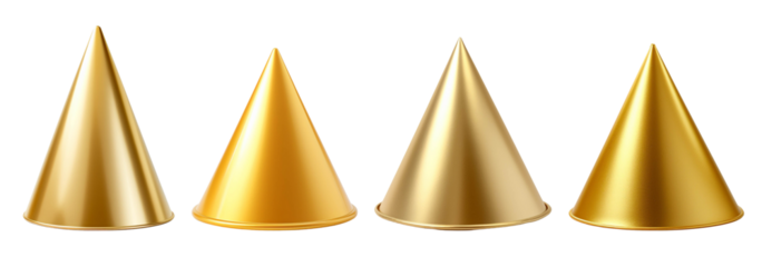 Four golden party hats arranged in a row, perfect for celebrations and festive occasions, adding a touch of glamour.