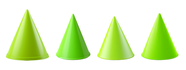 A set of green traffic cones arranged in a row, ideal for safety and construction themes.