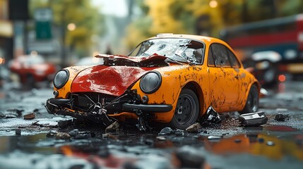 Insurance agent handling a car accident claim in a 3D animated scene, showcasing a realistic cartoon-style car crash model with attention to detail.