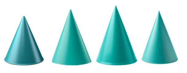 A set of four teal cones in varying sizes, perfect for design, decoration, or educational purposes.