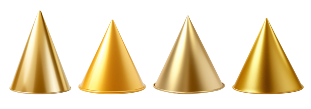 Four golden party hats arranged in a row, perfect for celebrations and festive occasions, adding a touch of glamour.
