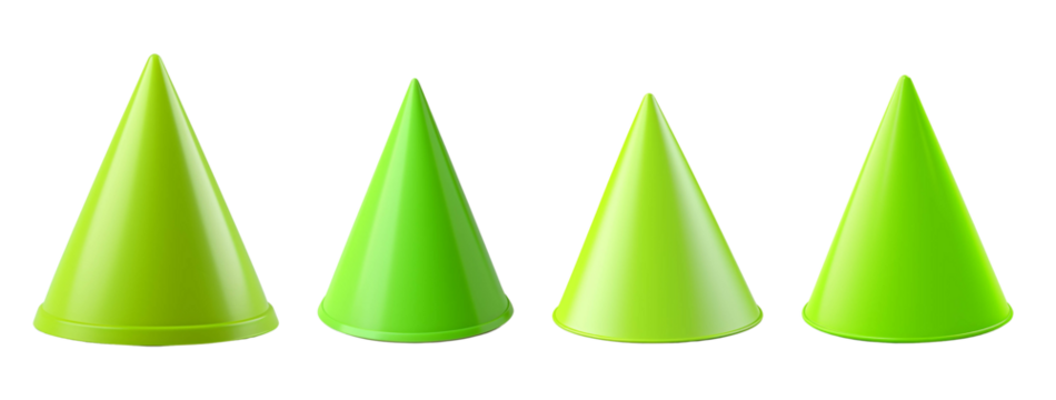A set of green traffic cones arranged in a row, ideal for safety and construction themes.