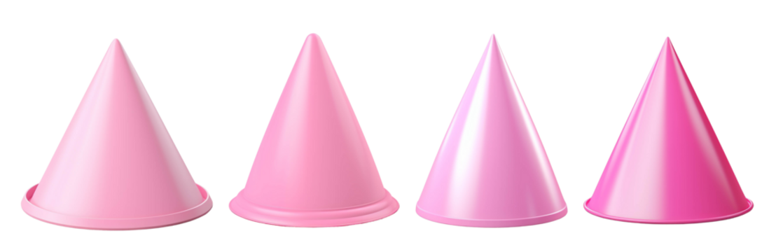 A set of four pink plastic cones arranged sequentially. Perfect for events, sports, PNG