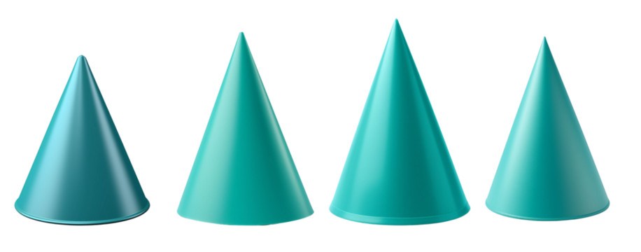 A set of four teal cones in varying sizes, perfect for design, decoration, or educational purposes.