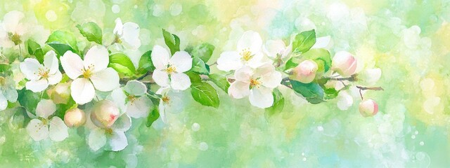 Watercolor illustration of apple blossoms in spring against a heavily blurred green background evoking a seasonal ambiance
