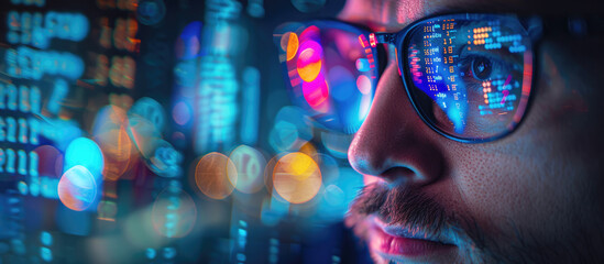 Close-up of a man's face illuminated by colored digital data and code reflections in glasses. Futuristic high tech atmosphere illustrating the theme of technology and innovation. Selective focus.