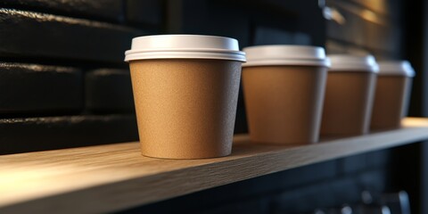 Minimalist 3D Brown Paper Coffee Cup Display: AI-Generated Cafe Shelf Scene for Creative Marketing. Elegant Template for Seasonal Promotions, Beverage Advertising, and Cafe Branding with Ample Copy Sp