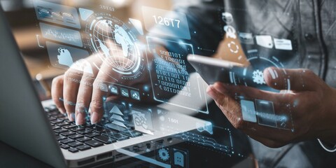Navigating the Digital Realm: A businessman seamlessly connects with the digital world, his hands orchestrating data and innovation on his laptop and smartphone. 