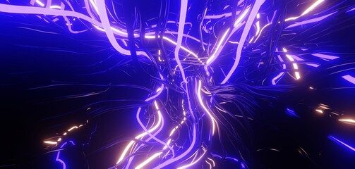 Energy laser wires, abstract lights, network, server, data center, technology tunnel, futuristic neon lights, 3d render background
