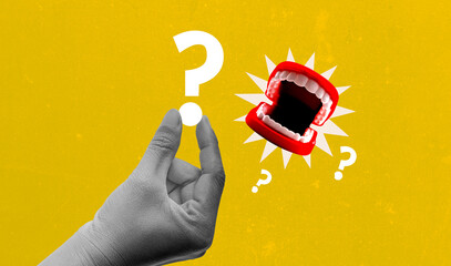 Hand hold cation mark and mouths talkig on yellow painted background. Art collage digital pop modern art.