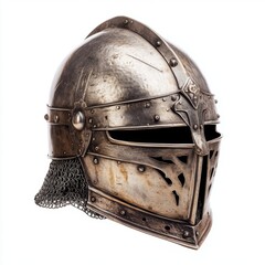 A medieval knight's helmet with visor up, battle armor, soft silver tones, isolated on white background