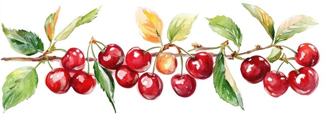 Watercolor illustration of hand drawn cherries on a white background