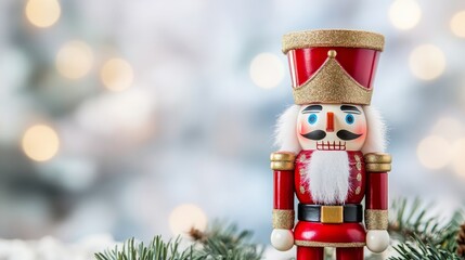 Holiday Charm: Close-up of a Christmas Nutcracker Toy Soldier with Copy Space Background