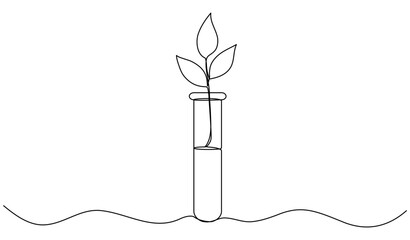 Continuous line drawing chemical glass tube with leaves. Plant sprout inside chemical flask. Science bio experiment. Vector illustration isolated on white.