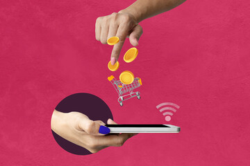 Hand hold mobile phone wifi connection and fly coin shopping cart on pink isolatednpainted background. Art collage digital pop modern art.