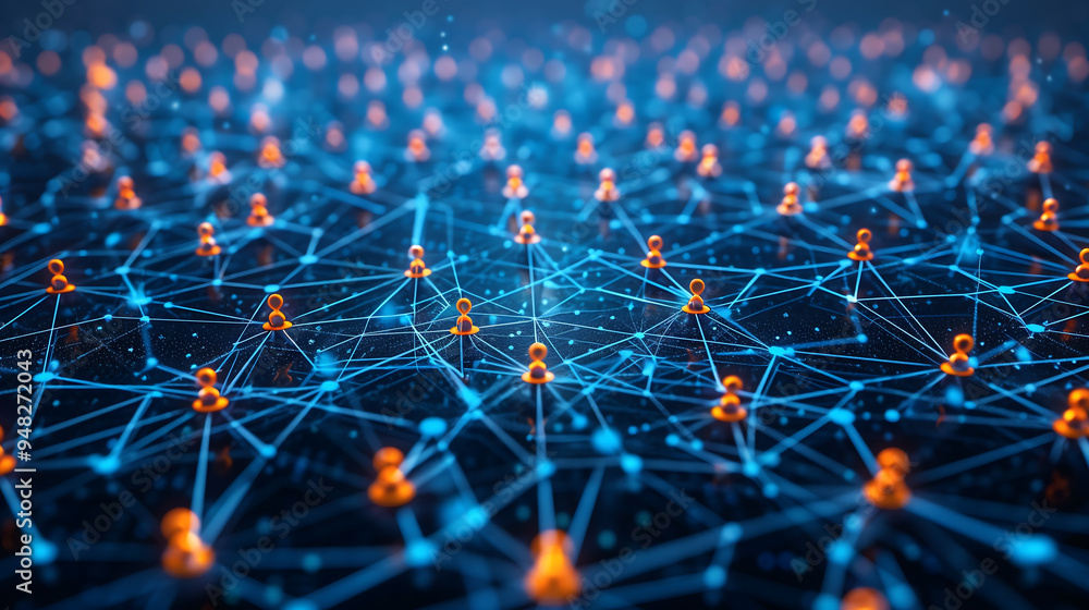 Poster abstract visualization of a global digital network featuring interconnected user avatars in a dynami