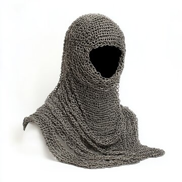 A chainmail coif with loose links, medieval armor, soft steel tones, isolated on white background