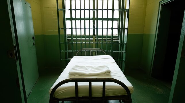 Prison cell with iron bed, medical table, and bars on window, high-resolution photography