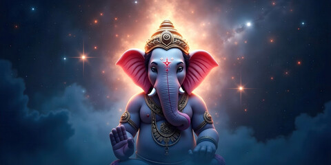 A celestial representation of Ganesha against a cosmic backdrop filled with stars, nebulae, and vibrant colors, highlighting the deity's divine presence and spiritual significance