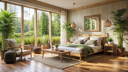 Fototapeta premium Tranquil bedroom oasis featues sustainable bamboo furniture, organic linens, and abundance of natural light, evoking feelings of calmness, serenity, and eco-friendly harmony in a peaceful atmosphere.