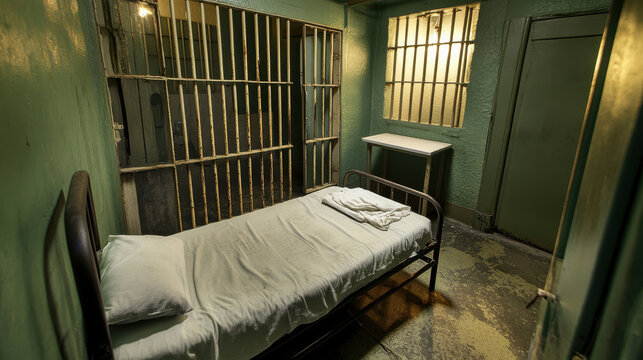 Prison cell with iron bed, medical table, and bars on window, high-resolution photography