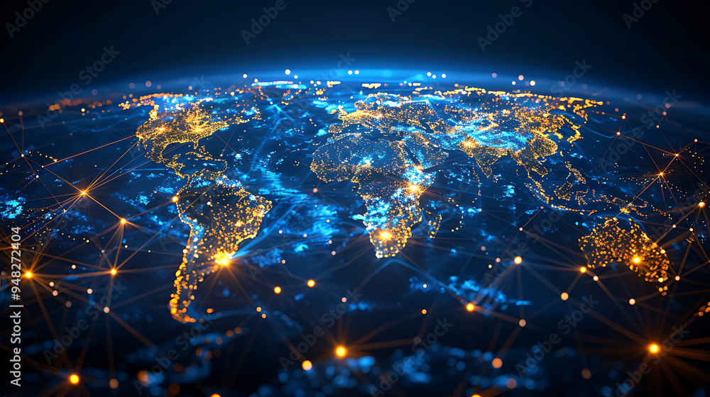 Poster vivid representation of a global network map with illuminated connections across continents