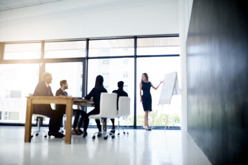 Presentation, business people and chart in meeting for budget proposal, financial analysis and company funding. Diversity group, professional employees or workshop collaboration for strategy planning