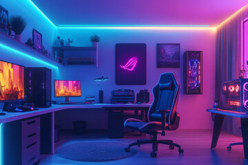 Interior of gaming room with modern computer and neon lighting. Playing cyber games and online entertainment concept.